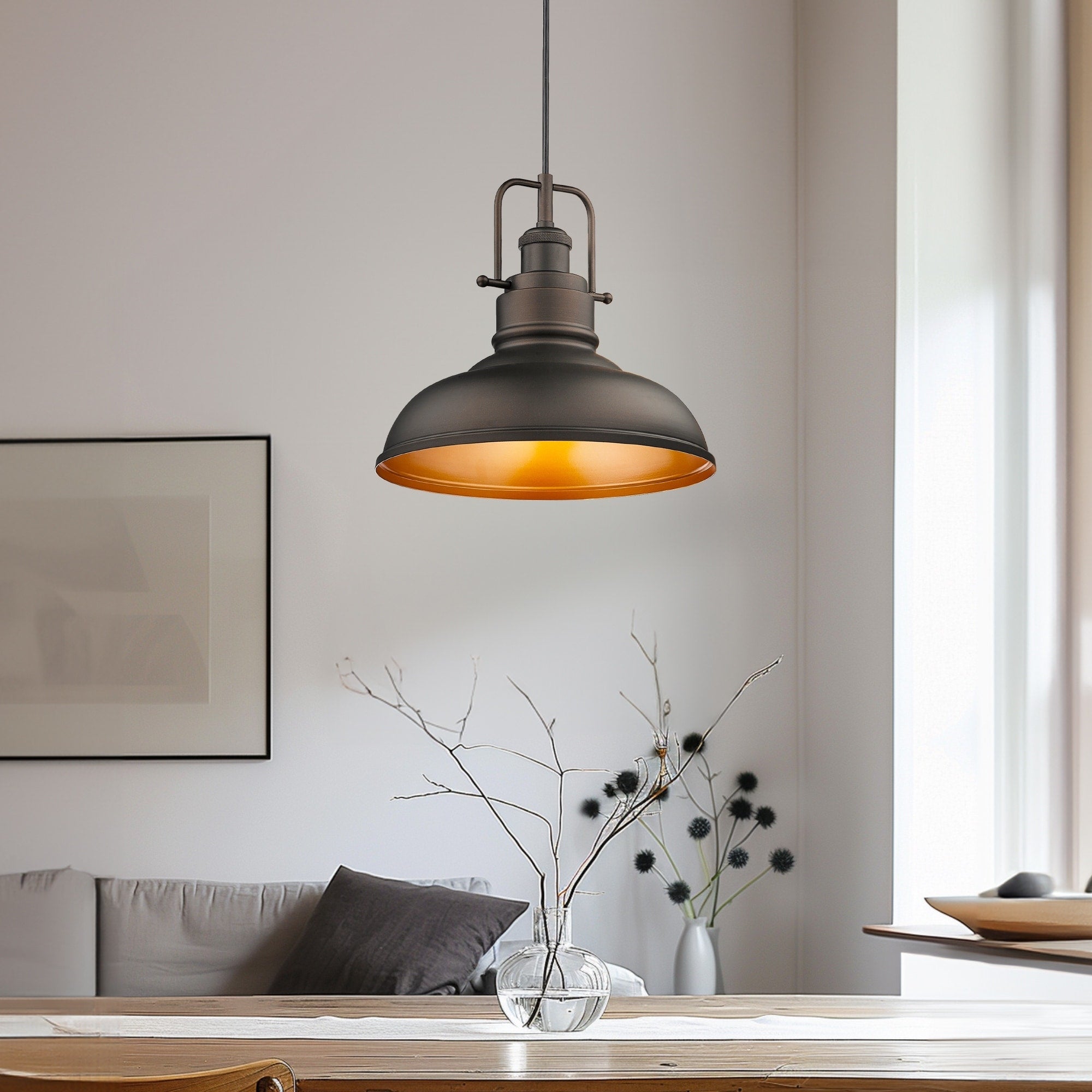 Suspension industrielle à 1 lumière, style dôme en métal, finition bronze huilé