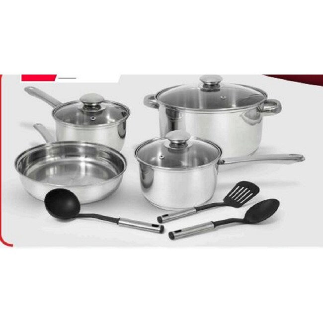 Batterie de cuisine en acier inoxydable 10 pièces avec base encapsulée, outils inclus