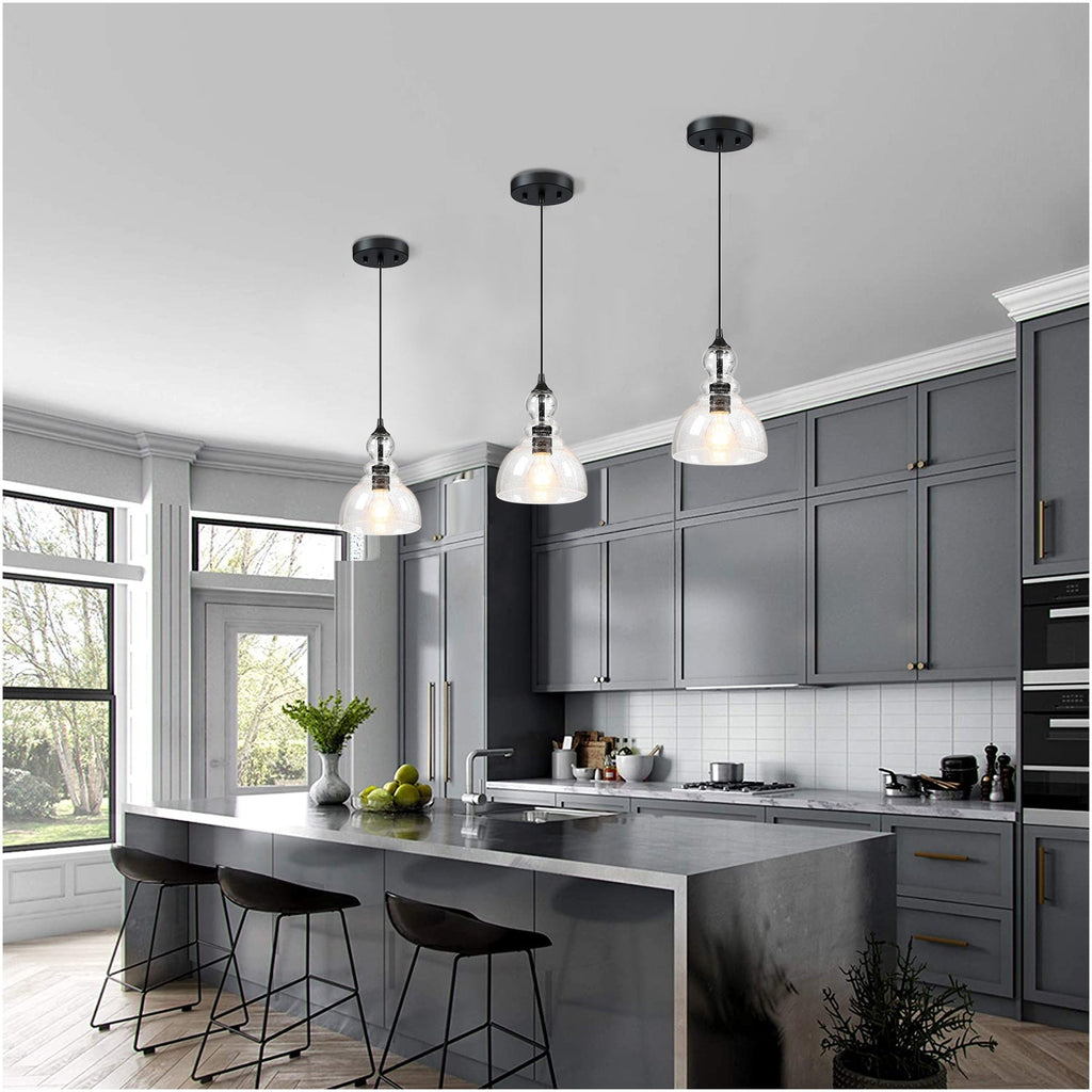 Suspension en verre grainé en forme de larme pour îlot de cuisine à 1 lumière avec finition noire, paquet de 3