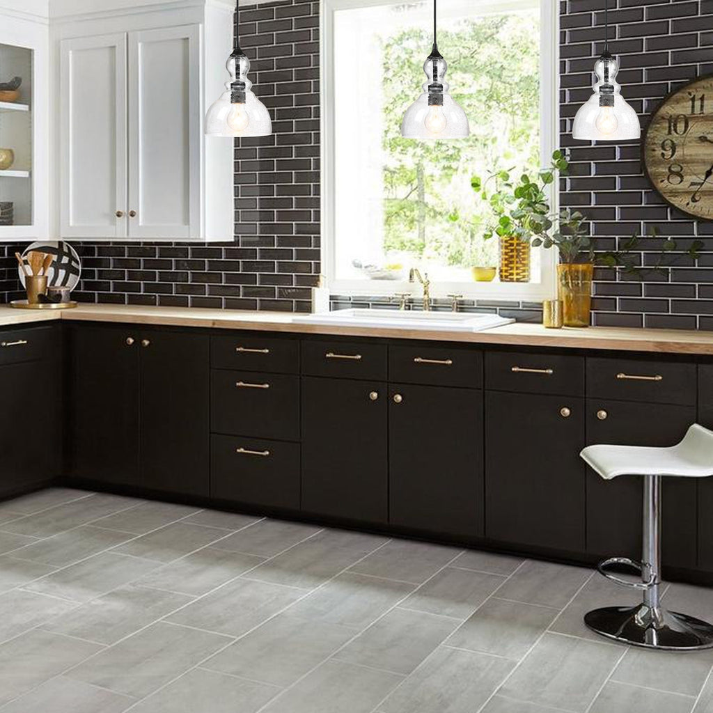 Suspension en verre grainé en forme de larme pour îlot de cuisine à 1 lumière avec finition noire, paquet de 3
