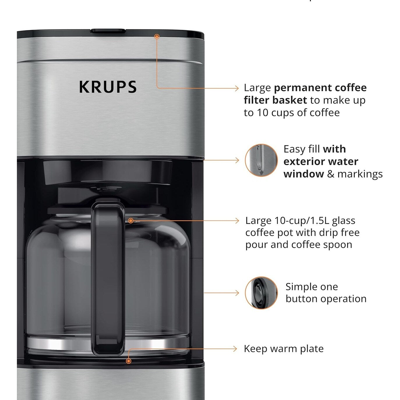Cafetière filtre 10 tasses, affichage numérique, finition en acier inoxydable, minuterie programmable, arrêt automatique
