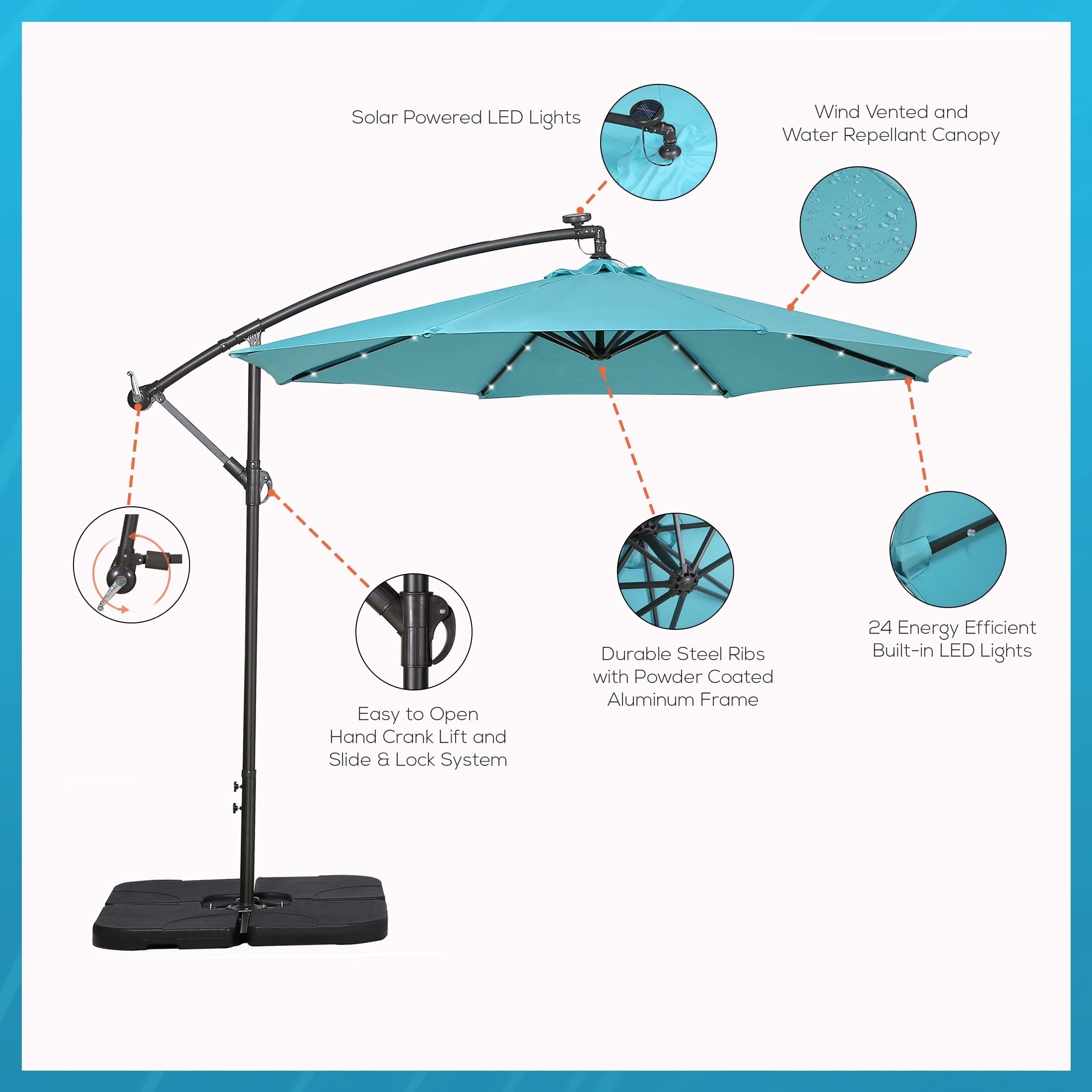 Parasol de terrasse éclairé à énergie solaire de 3 m avec pied