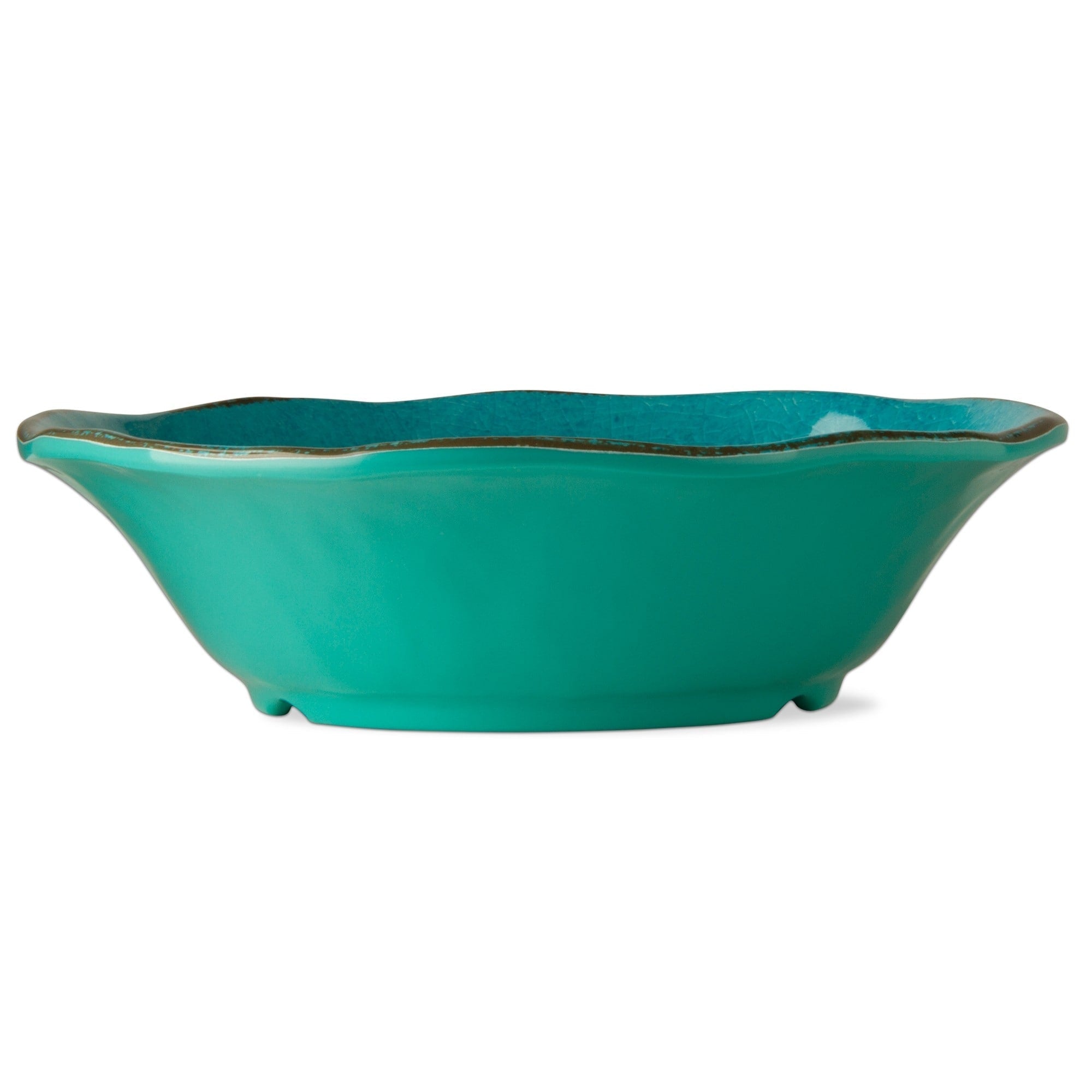 Bols de service en mélamine Veranda, 10 oz, 7 po, émaillés, craquelés, bleu océan, bords ondulés, 4 pièces, lavables au lave-vaisselle, pour l'intérieur et l'extérieur