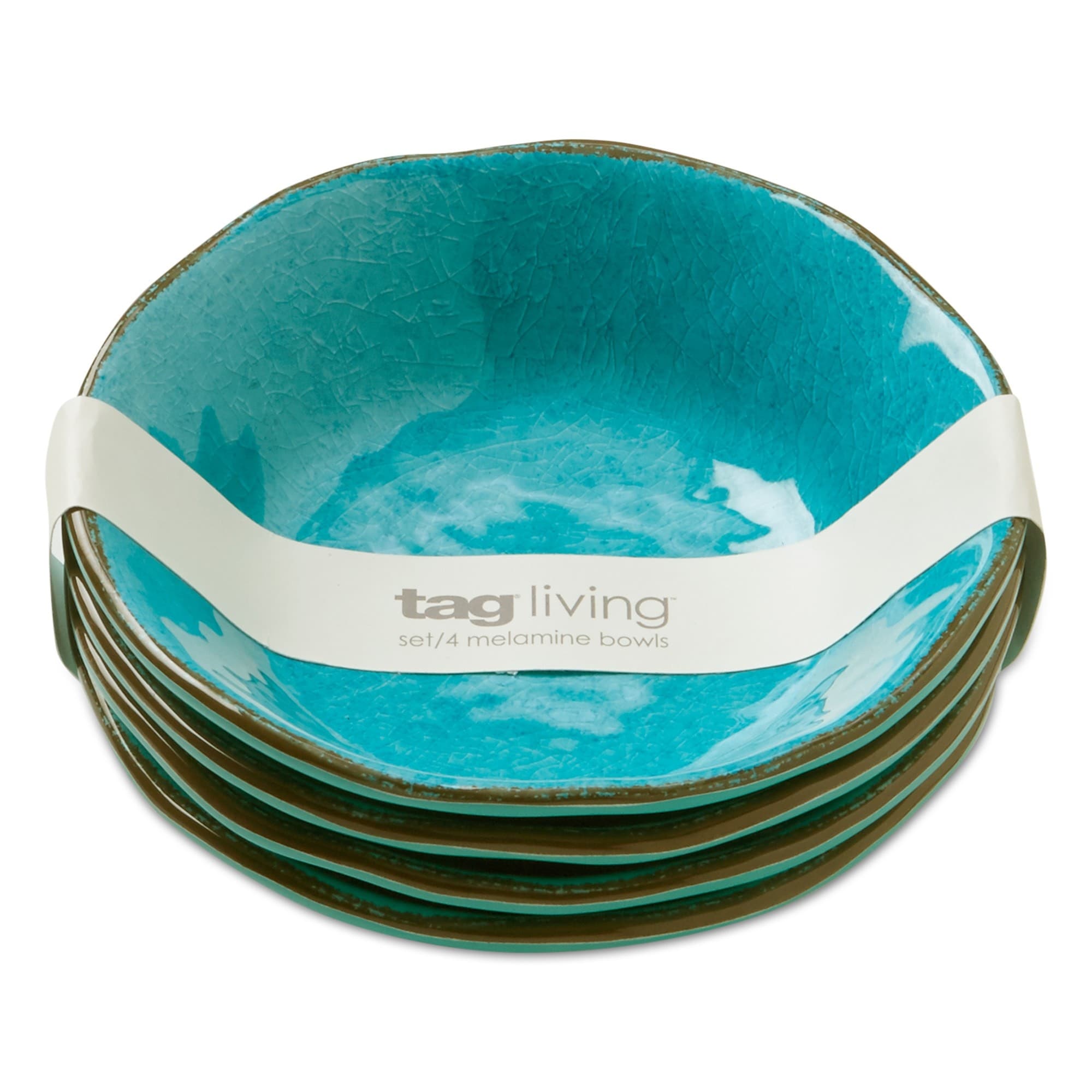 Bols de service en mélamine Veranda, 10 oz, 7 po, émaillés, craquelés, bleu océan, bords ondulés, 4 pièces, lavables au lave-vaisselle, pour l'intérieur et l'extérieur