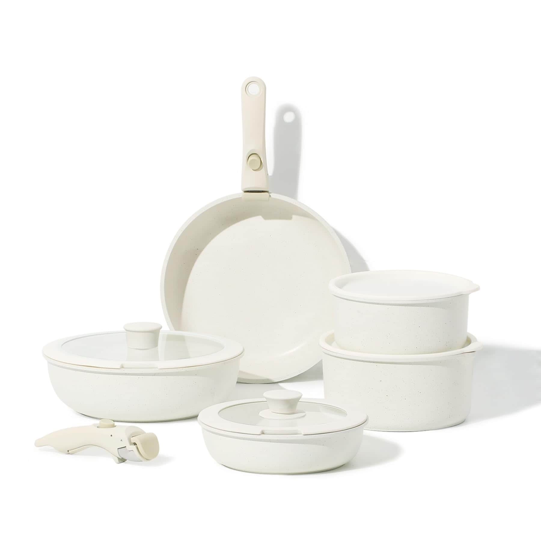 Ensemble de 11 casseroles et poêles antiadhésives, poignée amovible, batterie de cuisine pour camping-car, compatible four, blanc crème