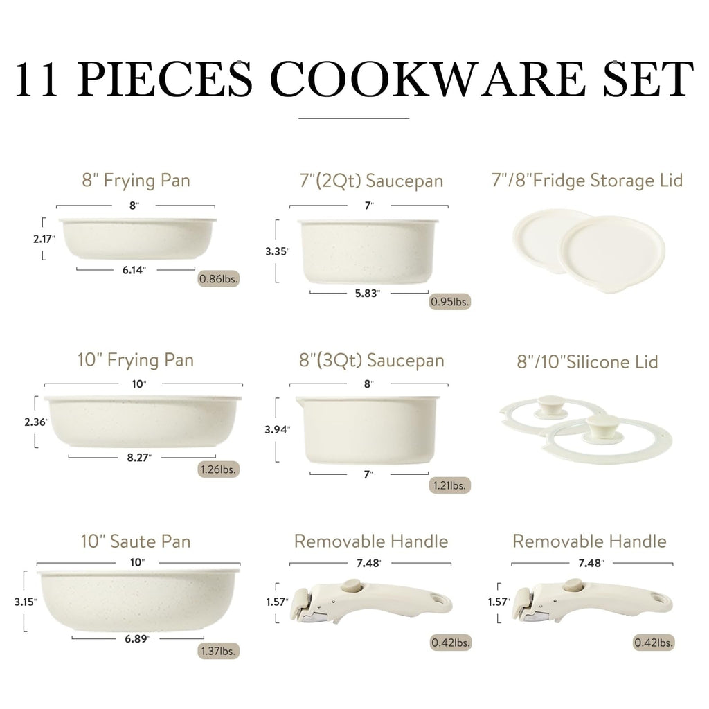 Ensemble de 11 casseroles et poêles antiadhésives, poignée amovible, batterie de cuisine pour camping-car, compatible four, blanc crème