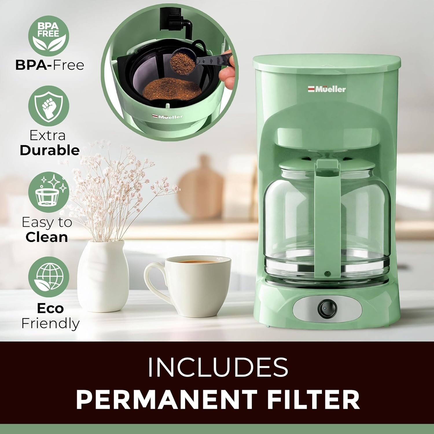Cafetière filtre verte 12 tasses, carafe en borosilicate, arrêt automatique, filtre réutilisable, conception anti-goutte