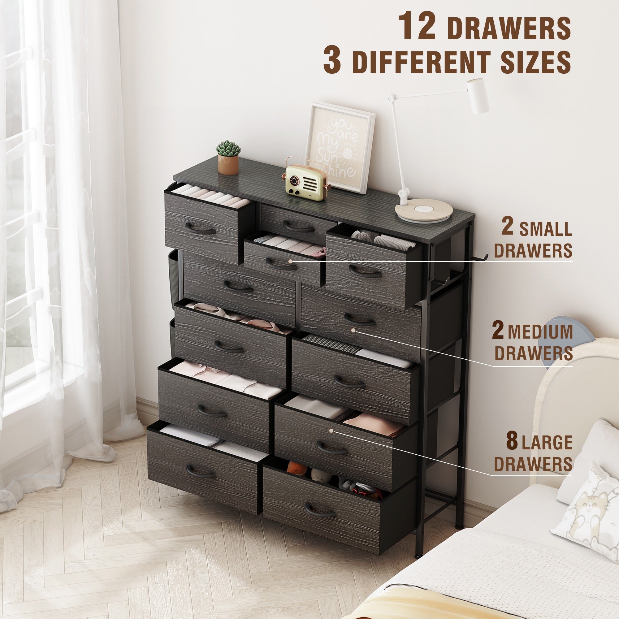 Commode haute en tissu à 12 tiroirs pour chambre à coucher