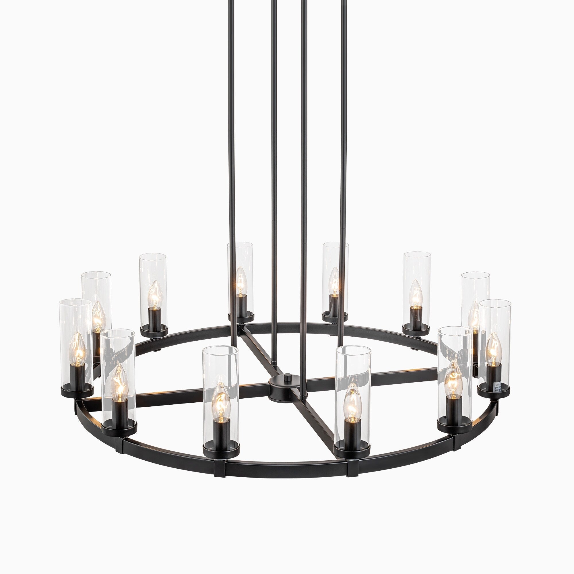 Lustre à 12 lumières en forme de roue de chariot, style moderne du milieu du siècle, en verre transparent, de couleur or/noir, grand modèle