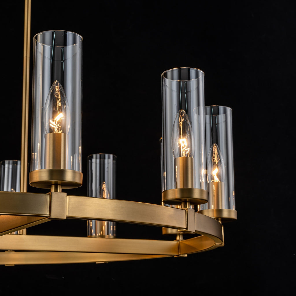 Lustre à 12 lumières en forme de roue de chariot, style moderne du milieu du siècle, en verre transparent, de couleur or/noir, grand modèle