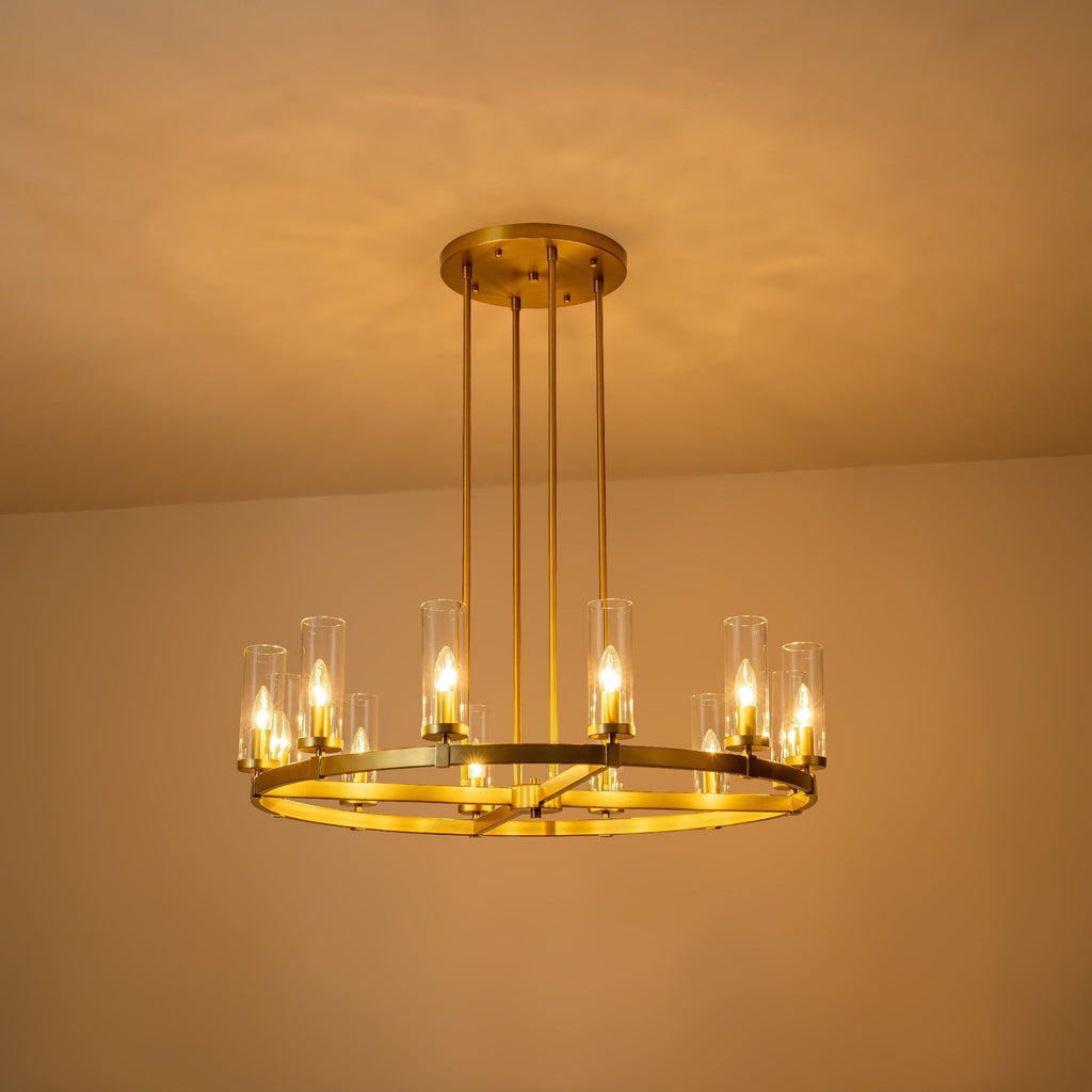 Lustre à 12 lumières en forme de roue de chariot, style moderne du milieu du siècle, en verre transparent, de couleur or/noir, grand modèle
