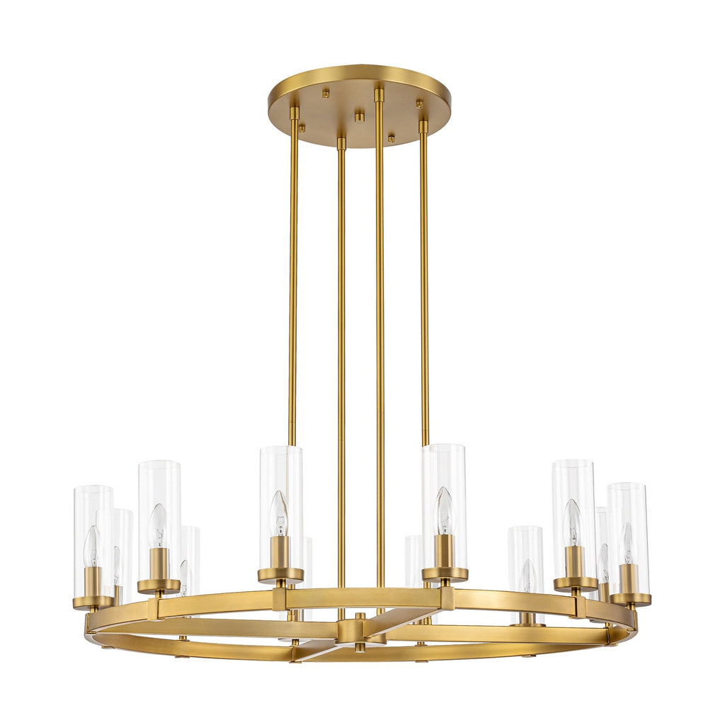 Lustre à 12 lumières en forme de roue de chariot, style moderne du milieu du siècle, en verre transparent, de couleur or/noir, grand modèle
