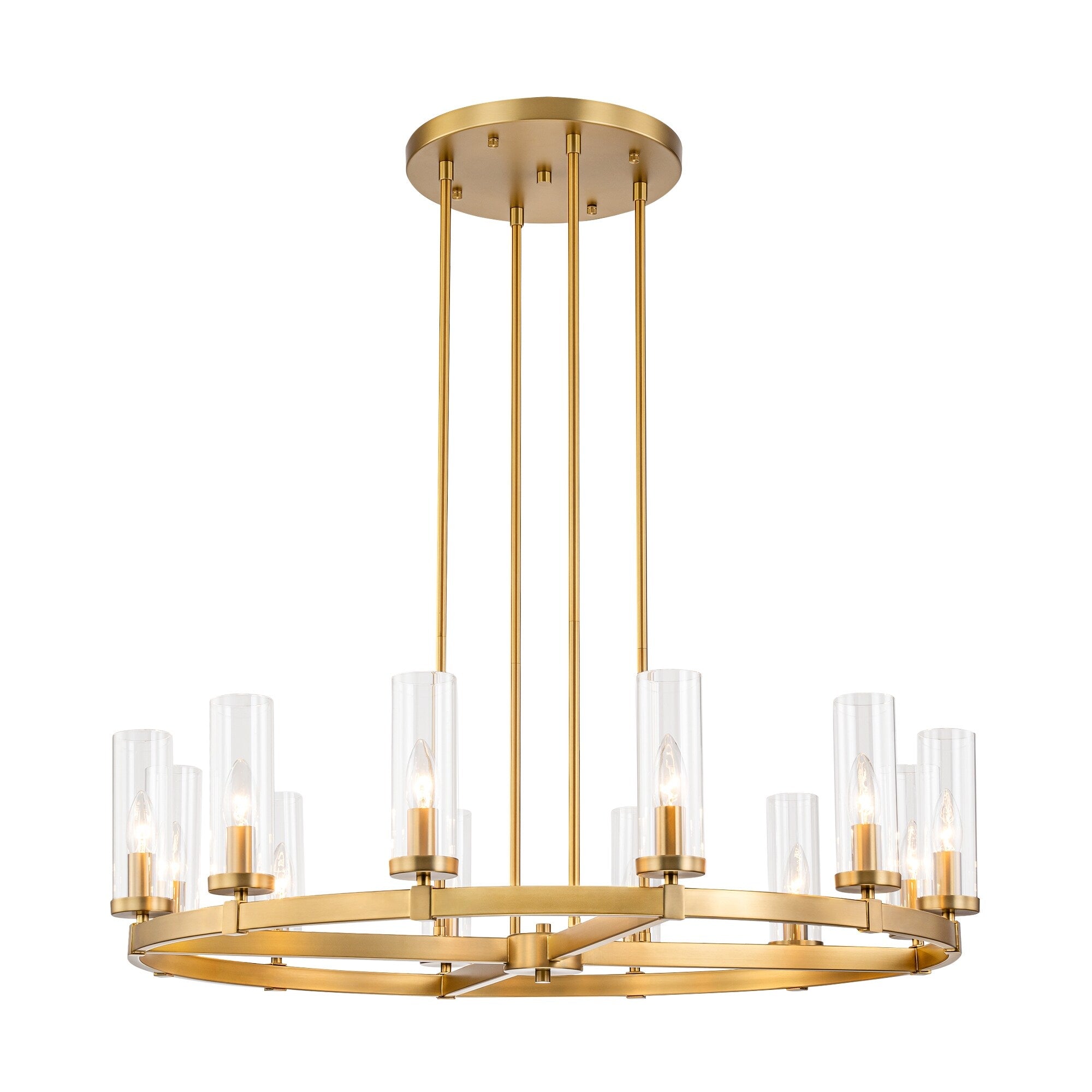 Lustre à 12 lumières en forme de roue de chariot, style moderne du milieu du siècle, en verre transparent, de couleur or/noir, grand modèle