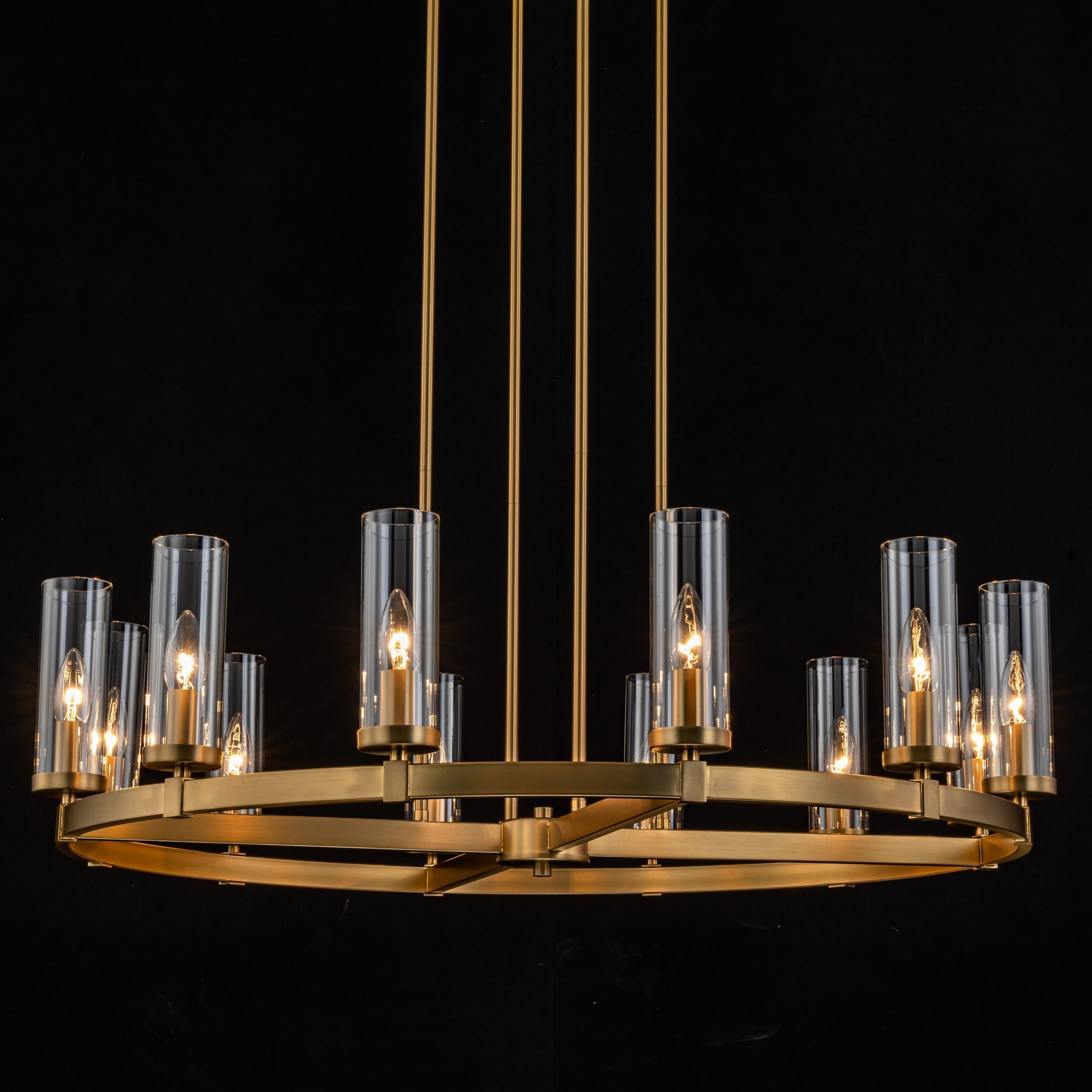 Lustre à 12 lumières en forme de roue de chariot, style moderne du milieu du siècle, en verre transparent, de couleur or/noir, grand modèle