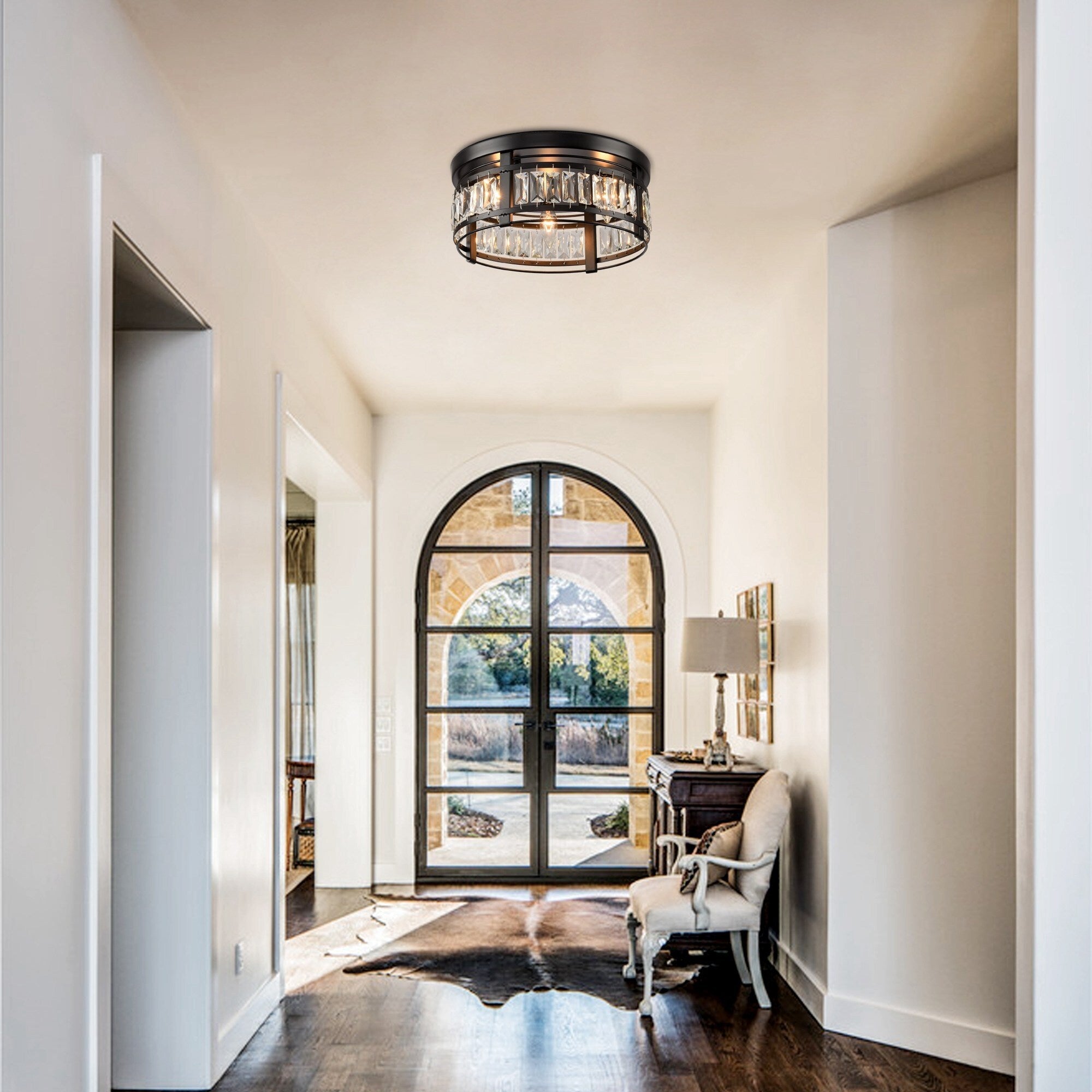 Lustre encastré moderne en cristal noir à 3 lumières pour couloir