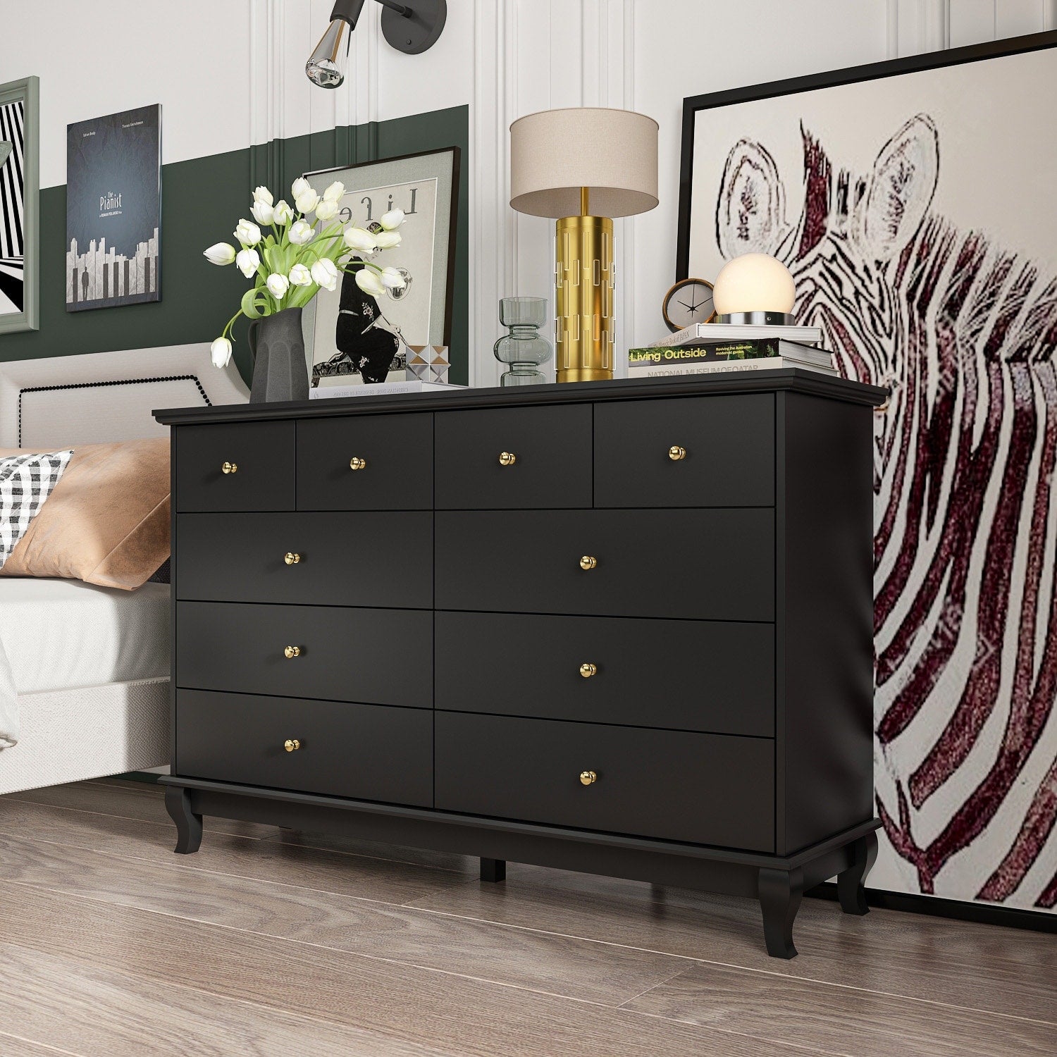 Commode double blanche à 10 tiroirs pour chambre à coucher, grand espace de rangement