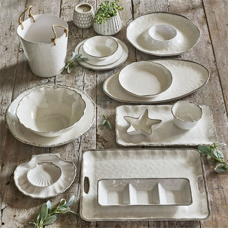 Ensemble de 4 assiettes de table en mélamine émaillée craquelée Veranda de 10,75 po, lavables au lave-vaisselle, pour l'intérieur et l'extérieur, couleur ivoire